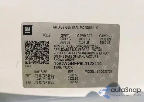 2020 Chevrolet Express Cargo Rwd 2500 Extended Wheelbase Wt z USA, uszkodzony, nr VIN 1GCWGBFP8L1123114